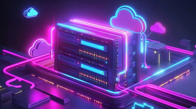 Server array with neon connected to cloud.