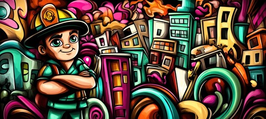 Obraz premium Confident boy in firefighter hat with colorful urban background.