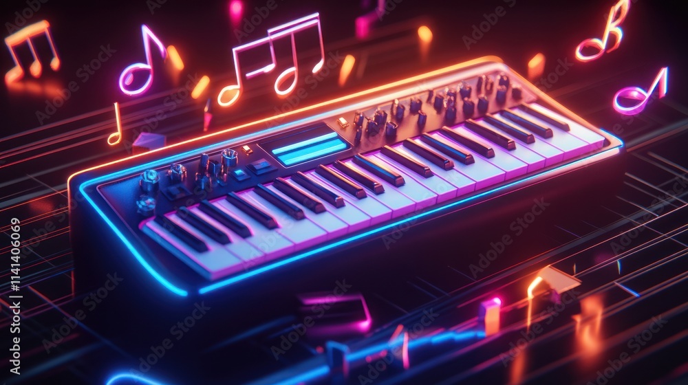 Poster neon keyboard with floating music notes on black background.