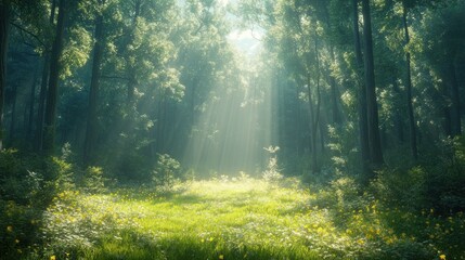 Obraz premium Sunlit forest path, wildflowers bloom.