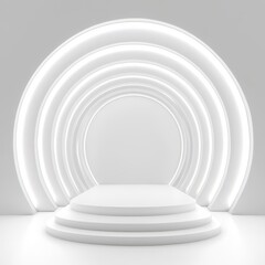 Obraz premium Futuristic white podium in ethereal glow, seamless white background, luxury product showcase
