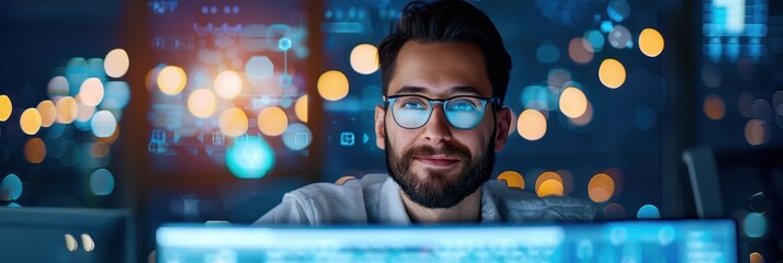 A focused professional works on a computer in a dimly lit environment, with glowing screens and a cityscape reflected in his glasses.