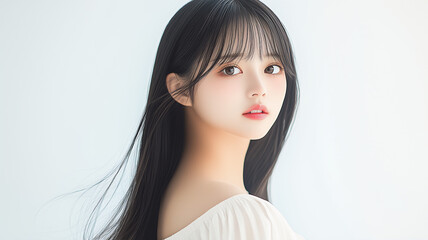 Fototapeta premium 横向きのエレガントな表情の女性モデル、白のオフショルダートップス、美容イメージ Generative AI