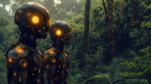 mysterious robots with glowing eyes standing in a lush green forest