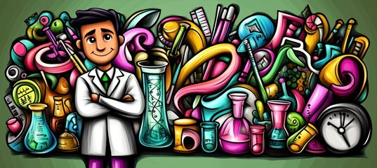 Cartoon chemist with lab equipment doodle art background.