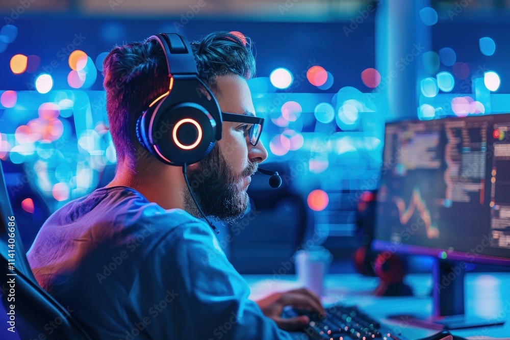 Poster a focused gamer wearing headphones, immersed in a digital environment filled with colorful lights an