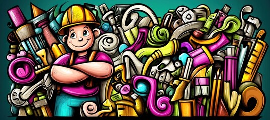 Obraz premium Cartoon worker with construction tools and supplies.