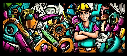 Cartoon worker with tools and gears in a colorful graphic background.