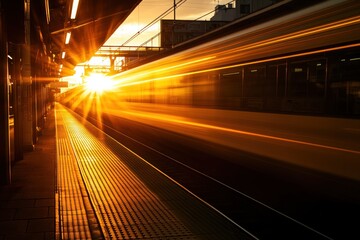Train speeds through a station at golden hour, blurred motion.