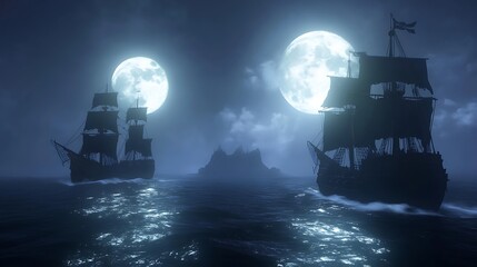 Obraz premium Two Silhouetted Ships Sail Under a Full Moon