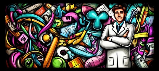 Obraz premium Confident doctor with abstract colorful medical objects background.