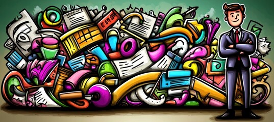 Successful man stands before colorful abstract paperwork.