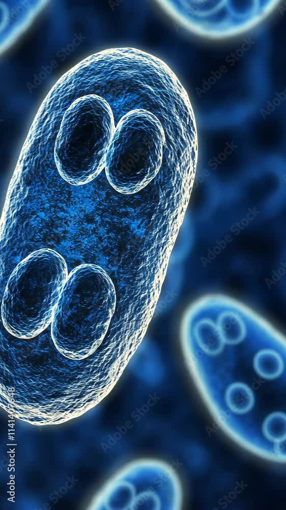 Poster microscopic view of bacteria undergoing binary fission in a laboratory setting at night
