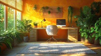 A bright, inviting home office with plants and natural light.