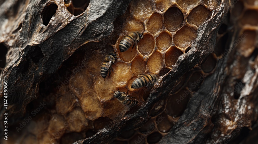 Poster bees on dark honeycomb with open hexagonal cells, detailed view.