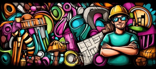 Construction worker, colorful doodle background with blueprints and tools.