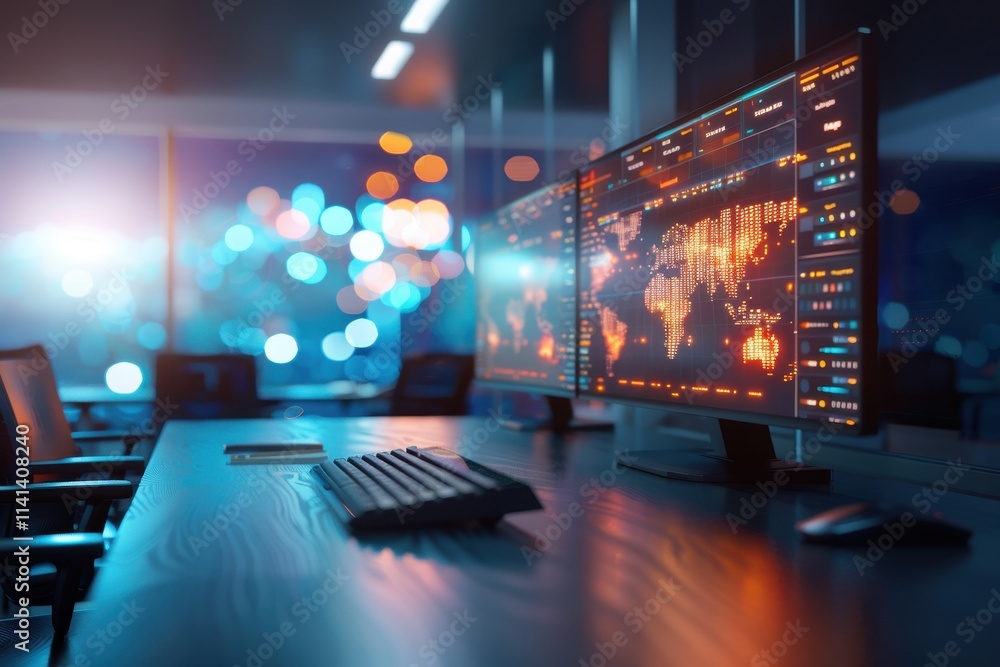 Poster a modern office workspace featuring dual monitors displaying digital maps and data, illuminated by s
