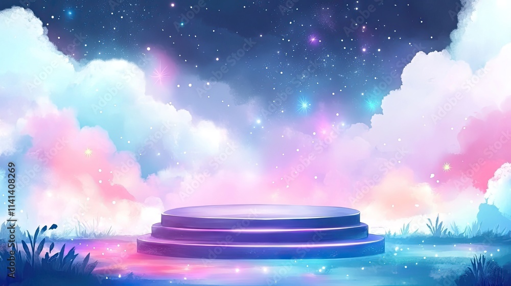 Poster a 3d rendering of a podium with three steps on a background of dreamy clouds and stars.