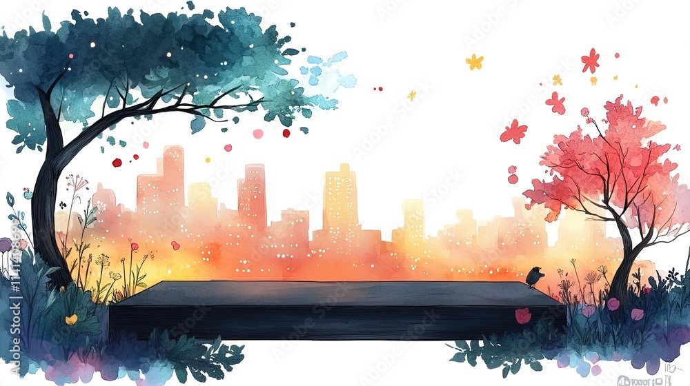 Poster a black platform sits in front of a city skyline with a blue and a red tree on each side. there are 