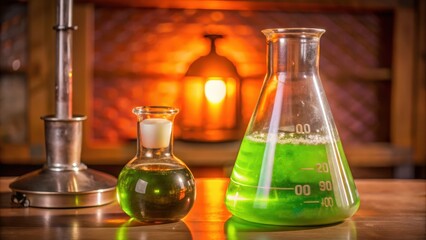 Two Glass Flasks Filled with Green Liquid on a Wooden Surface
