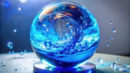 A Glass Orb Containing Swirling Blue Water and Air Bubbles