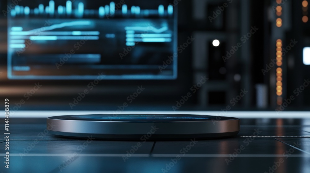Poster futuristic platform with data screen and panel backdrop.