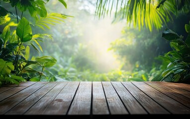 Lush jungle background with sunlit wooden deck foreground.
