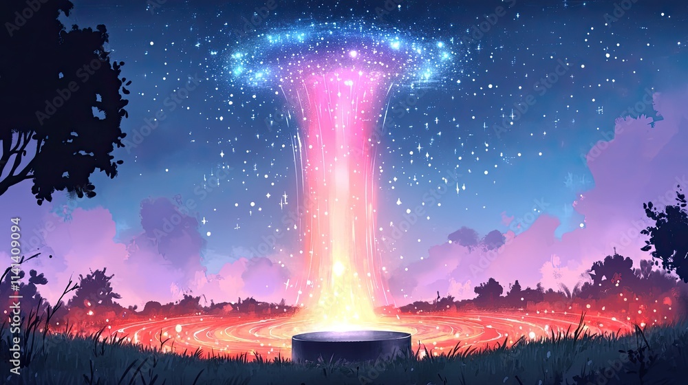 Poster a bright beam of light shoots up from a circular platform in a field, creating a swirling portal in 