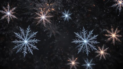 Fototapeta premium Glittering snowflakes in a swirling motion on black , wintery feel, sparkle effect, dynamic ambiance