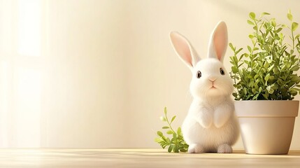 Obraz premium A close up photograph showcasing a fluffy white rabbit sitting contentedly beside a potted plant on a wooden table with a soft neutral background creating a cozy and inviting indoor scene
