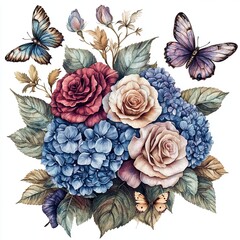 Vintage floral bouquet with roses, hydrangeas, and butterflies , A detailed illustration of a vintage-style floral bouquet featuring roses, hydrangeas, and delicate butterflies, set against a white ba
