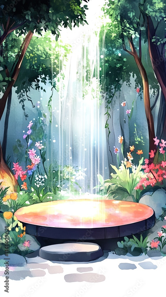 Poster a circular platform in a lush forest setting, with a waterfall behind it. the platform is surrounded