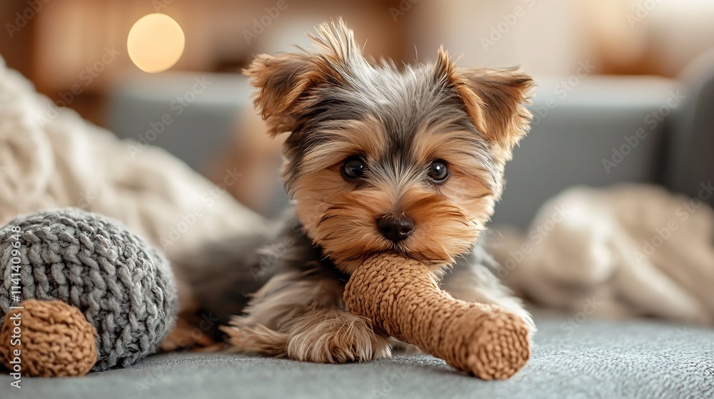 Poster cute and cuddly yorkshire terrier puppy happily playing with a chew toy while relaxing on a soft coz