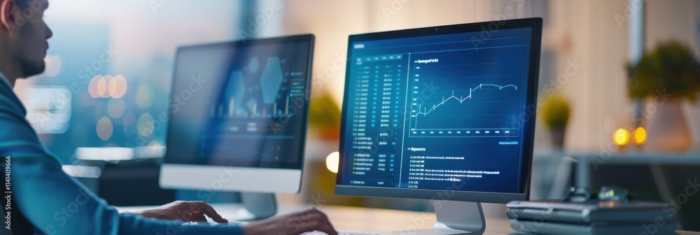 Poster a professional working on dual monitors displays financial graphs and data analysis in a modern offi