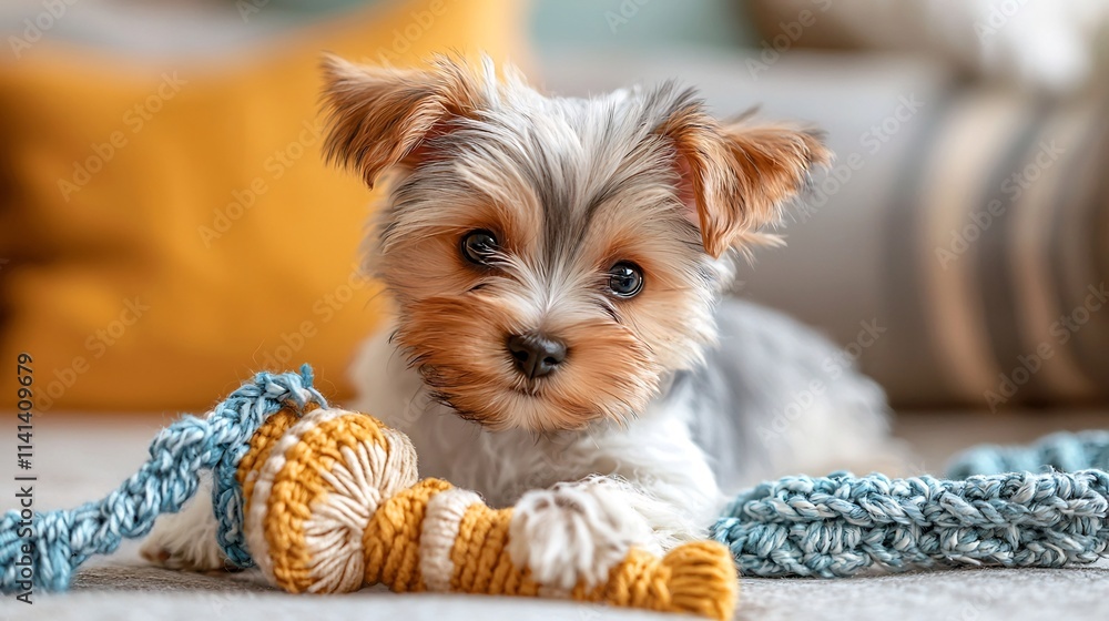 Poster cheerful and curious yorkshire terrier puppy happily playing with a soft chew toy while relaxing on 