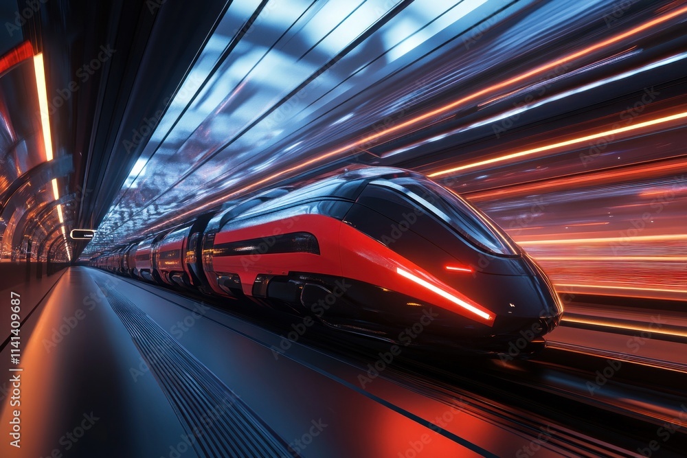 Poster futuristic red train speeding through a tunnel with motion blur.