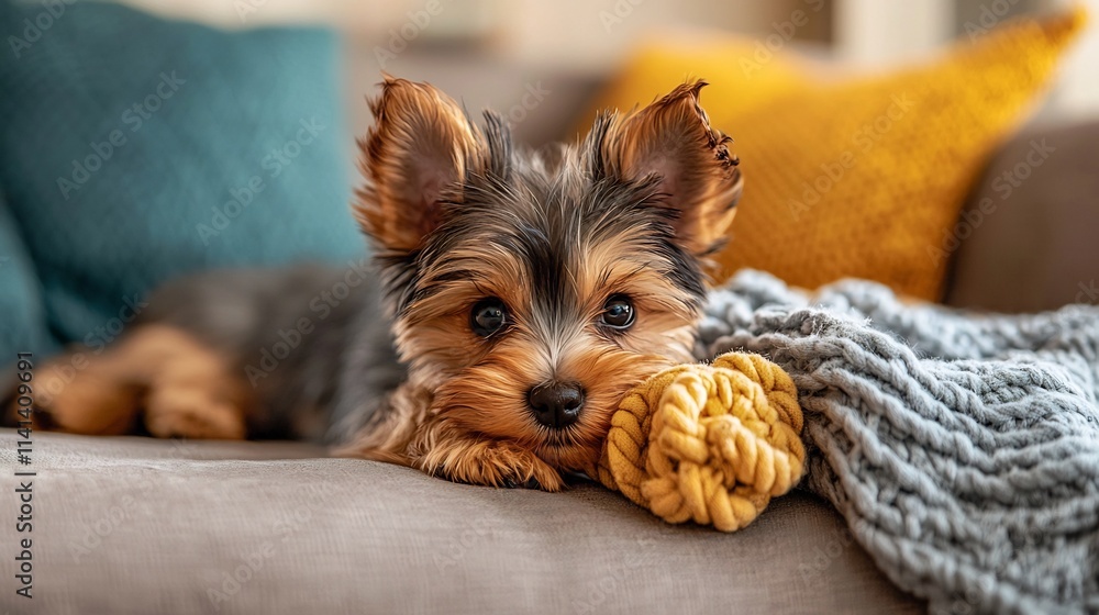Poster closeup of an adorable yorkshire terrier puppy playing and chewing on a colorful chew toy while loun