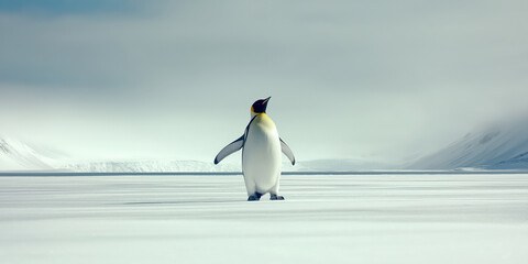 Obraz premium Penguin walks across snowy expanse towards mountains.