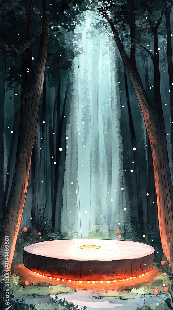 Poster a circular platform with glowing edges in a dark forest with a single beam of light shining down.
