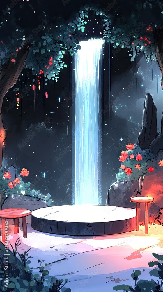 Poster a circular platform with two wooden stools stands beneath a cascading waterfall in a mystical forest