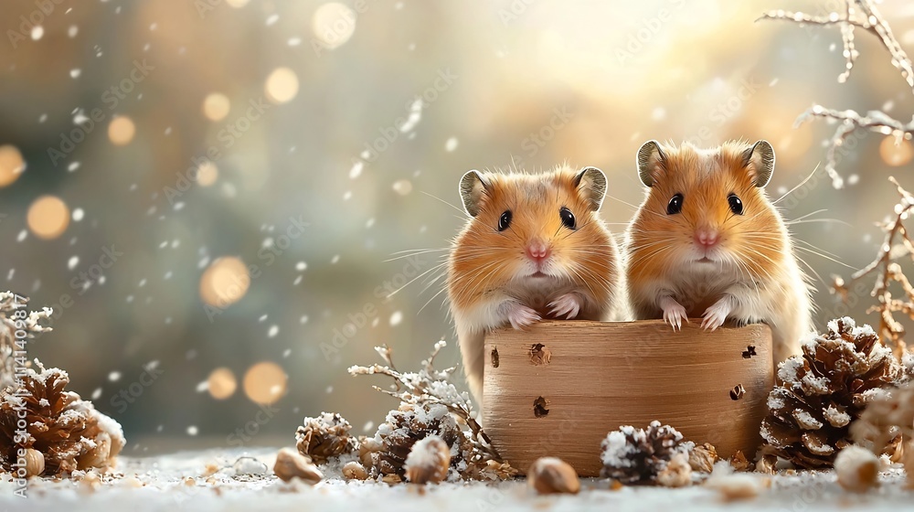 Poster adorable dwarf hamsters nestled inside a cozy wooden house on a clean white background creating a wa