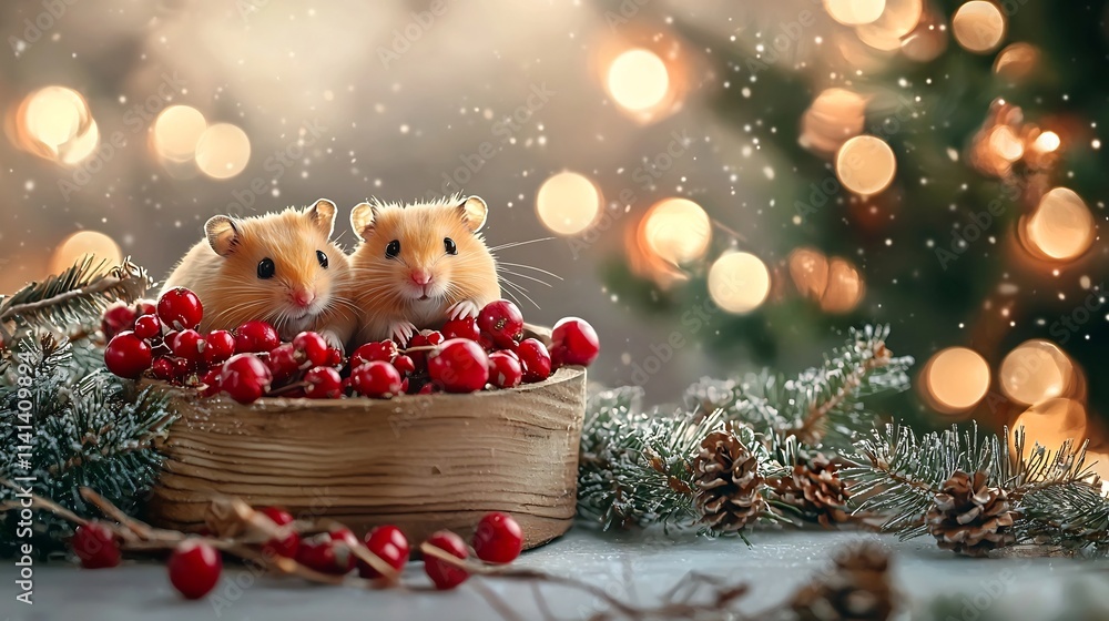 Poster warm and playful image of two adorable dwarf hamsters comfortably nestled inside a small wooden hous