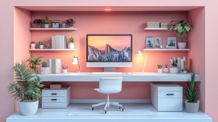 A modern workspace featuring a computer, plants, and organized shelves in a soothing color scheme.