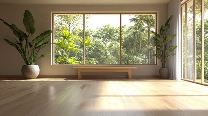 Fototapeta premium Sunlit room with wood floor, potted plants, bench, view.