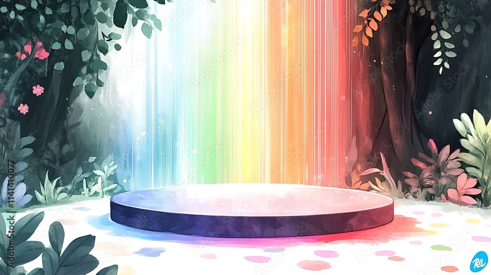 Poster a circular stage sits in a clearing with a rainbow light shining down from the trees.