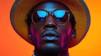 Man, hat, sunglasses, vibrant, neon. © Ali