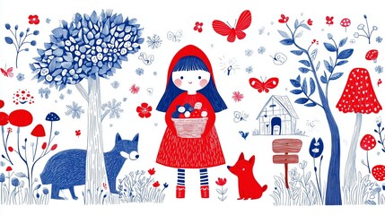 A whimsical illustration featuring a girl in a red hood surrounded by nature and animals.