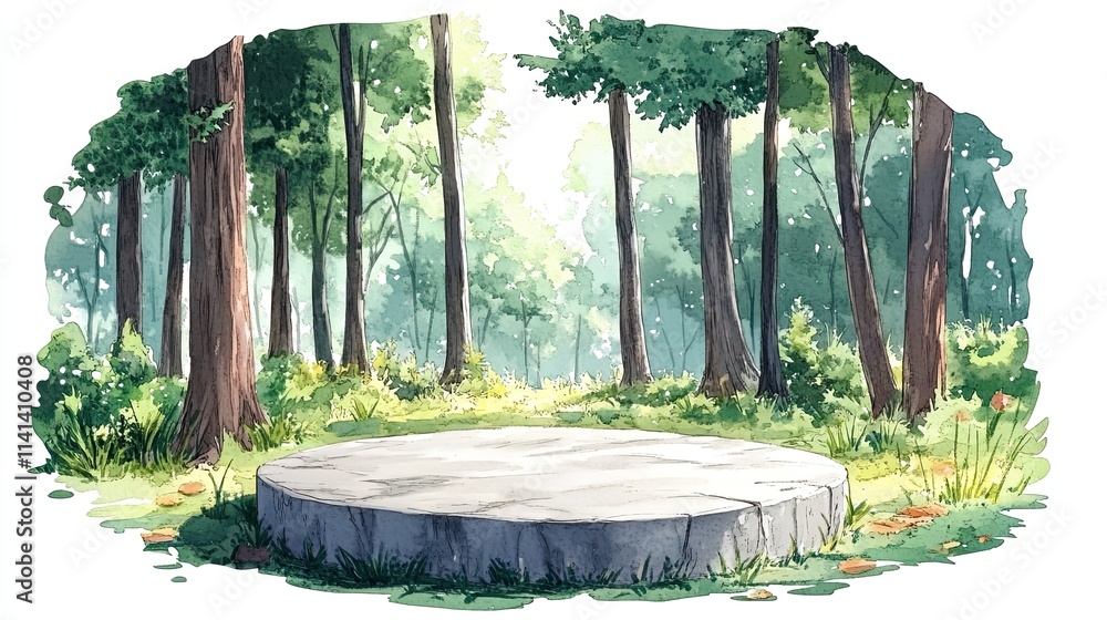 Poster a circular stone platform in a lush, green forest with sunlight filtering through the trees.