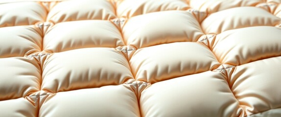 A close-up photograph of a quilted bedspread, showing the detailed stitching and texture of the fabric. The bedspread has a beige color with a soft, plush feel, and the quilting pattern is a classic d
