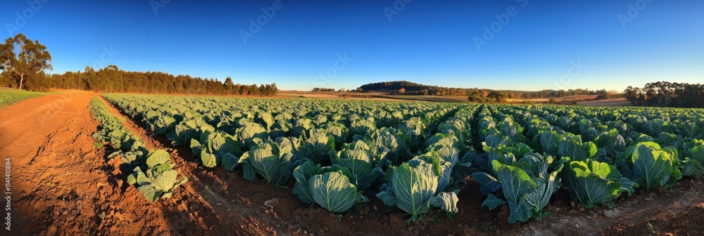 Poster panoramic cabbage field at dusk with soil path and trees.